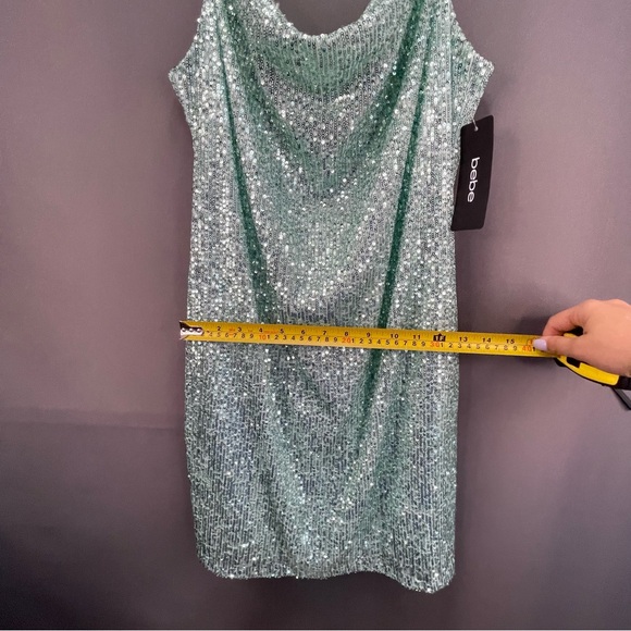 BEBE mint colour sequin slip dress draped midi with clear straps clubbing mini - Picture 12 of 12